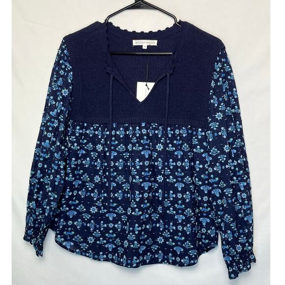 NWT Melissa Nepton Women's M Blue Calvin Mixed Media Floral Print Sweater Top - Picture 1 of 7
